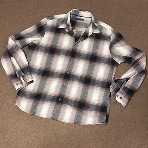 Men’s Sz Lrge Plaid Apt 9 Flannel Button Front Shirt Long Sleeve Tan Black White